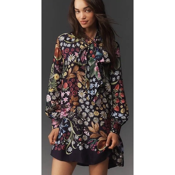 Anthropologie Dresses & Skirts - NWT ANTHROPOLOGIE MAEVE XS The Caroline Tie-Neck Dress navy floral Cottagecore
